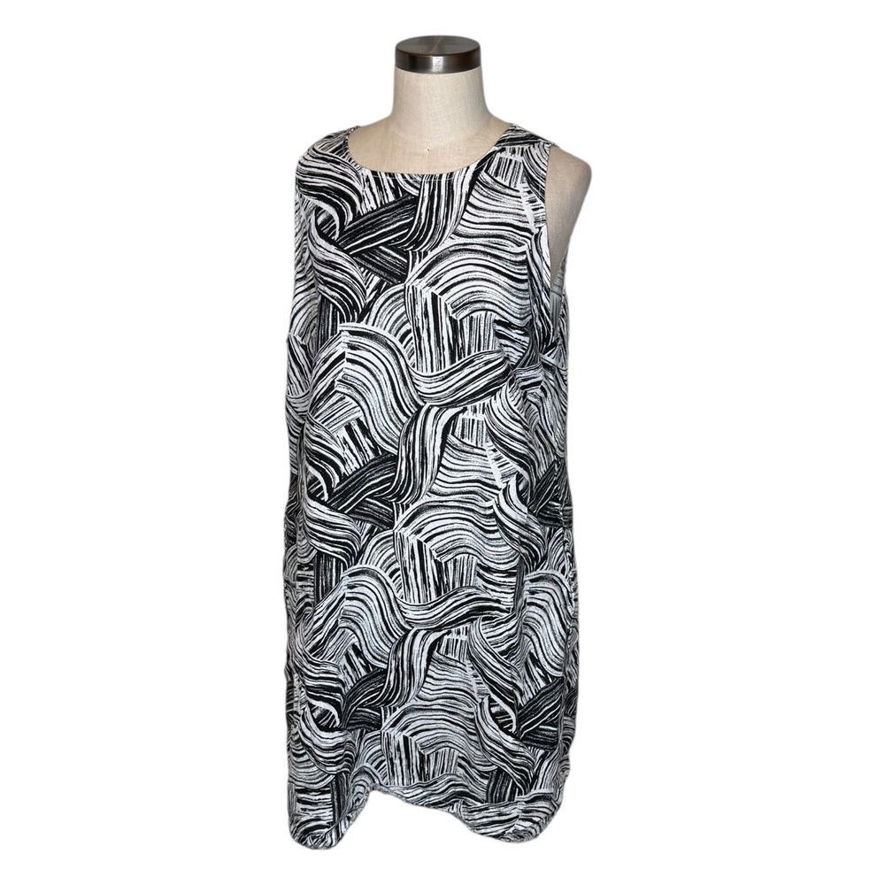 GARNET HILL Black White Abstract Print Sleeveless Mini Dress Size 16 Linen Deco